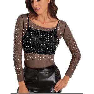 Women's Black Pearl & Rhinestone Long Sleeve Mesh Top NEW Size L